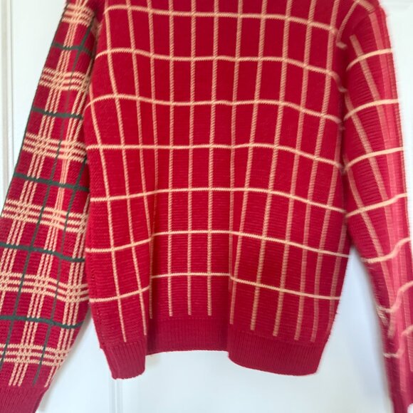 Vintage knit plaid Christmas holiday preppy gift cardigan red grandpa sweater - Picture 14 of 16